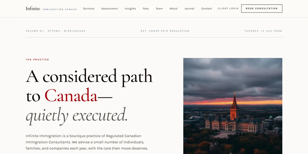 The Infinite Immigration practice site: an editorial masthead over the headline “A considered path to Canada — quietly executed.”